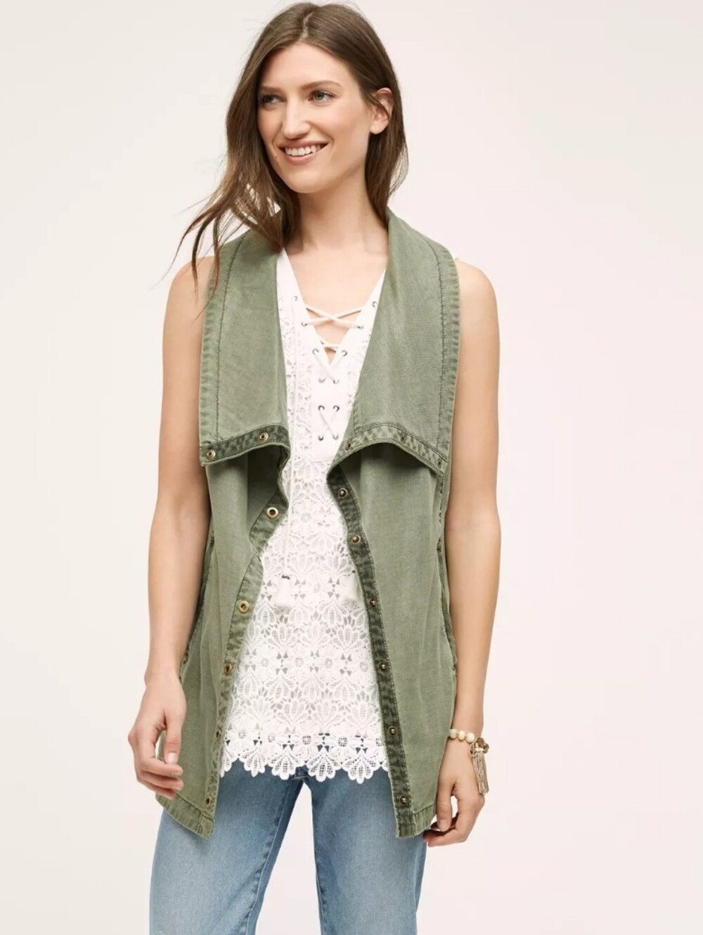 Anthropologie × Marrakech Tombolo Vest Olive Green Snap Front Utility Lyocell SM